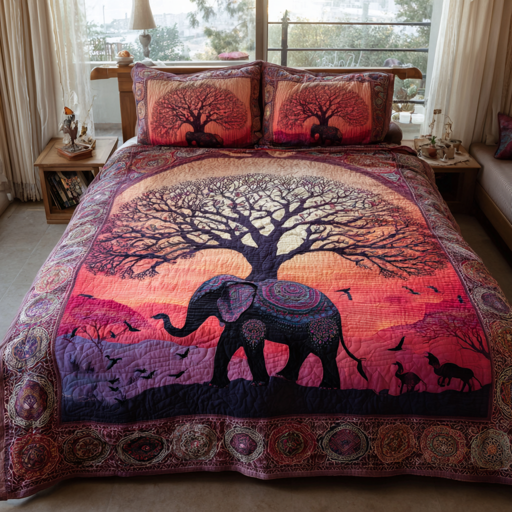 Elephant Spirit Quilted Bedding Set Cute Room Decor Gift Items For Elephant Lovers