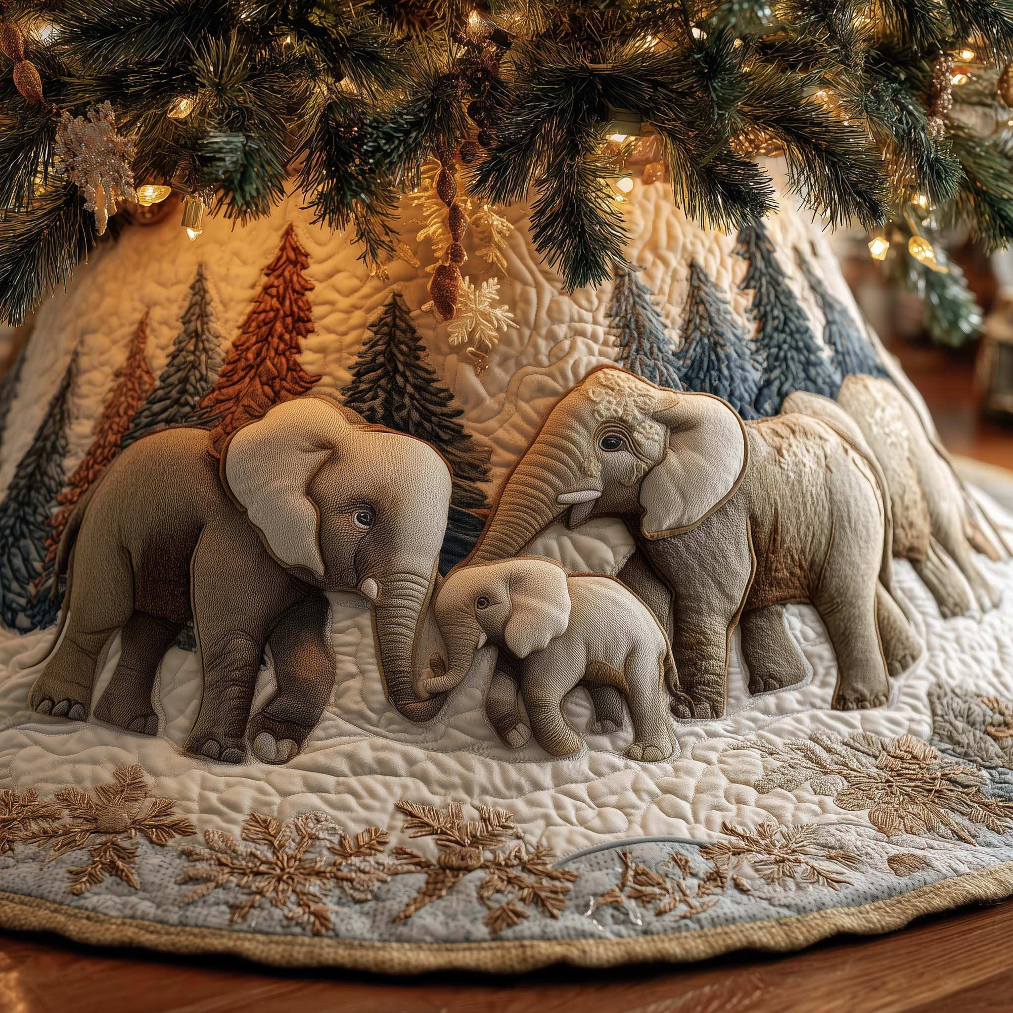 Elephant Winter Era Christmas Quilted Tree Skirt Xmas Tree Surround Elephant Gifts Decor