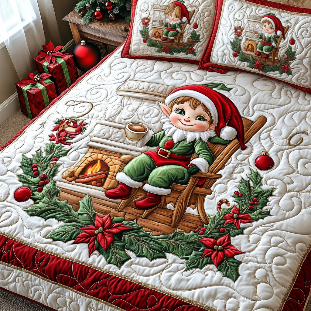 Elf By The Fireplace Quilted Bedding Set Queen Size Comforter Holiday Gift For Sister