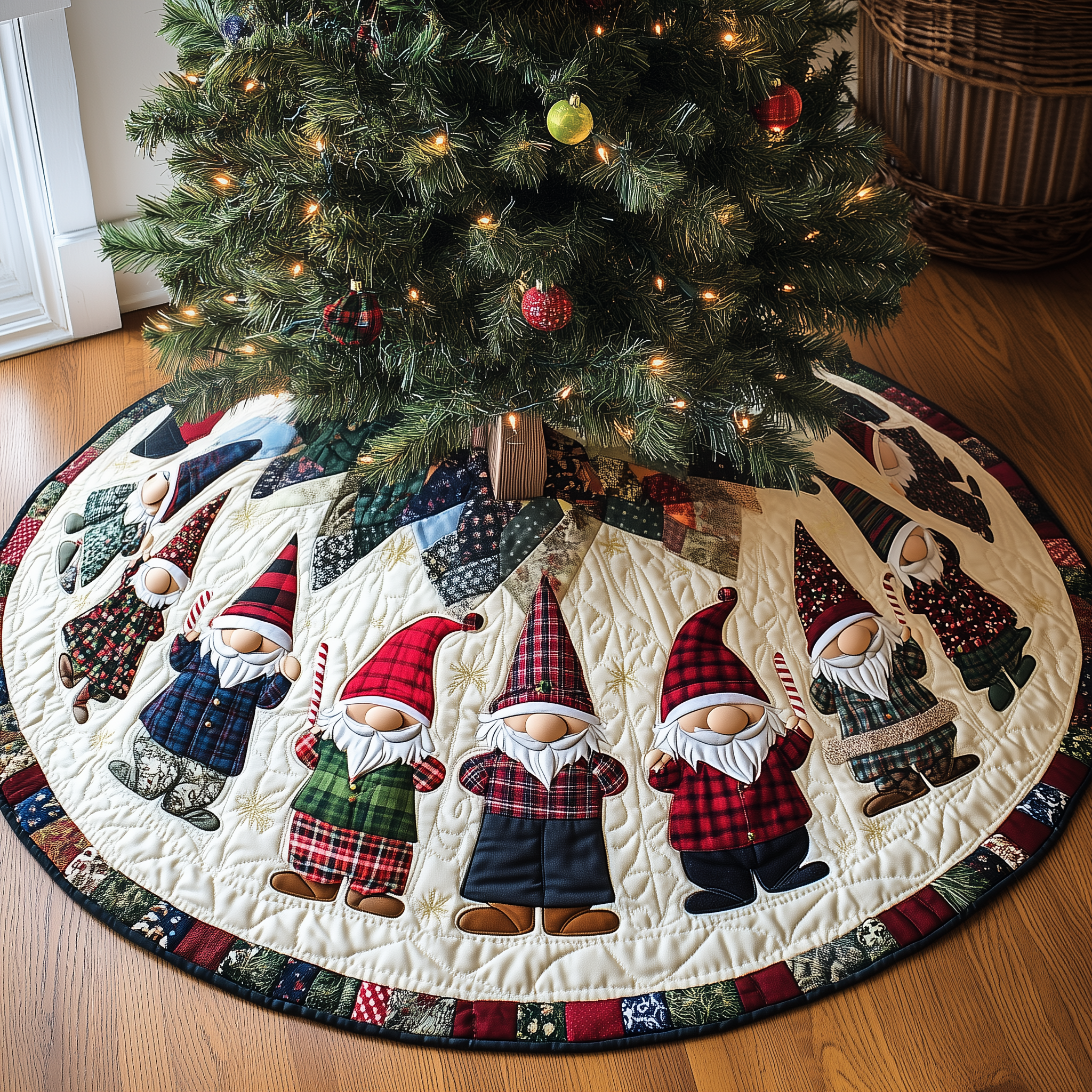Elf Magic Christmas Quilted Tree Skirt Xmas Surround Tree Base Cover Indoor Home Holiday Decorations