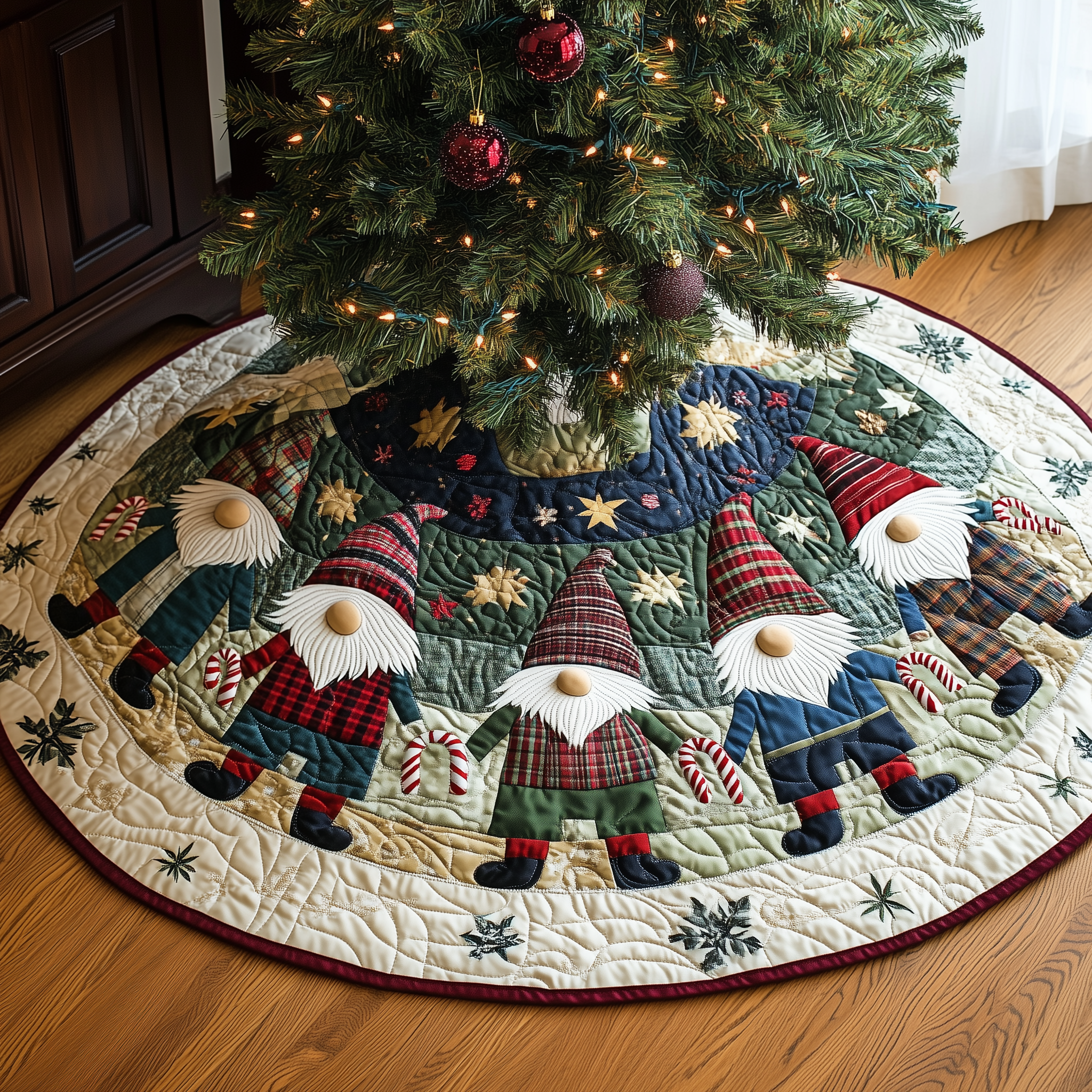 Elf Magic Christmas Quilted Tree Skirt Xmas Surround Tree Base Cover Indoor Home Holiday Decorations