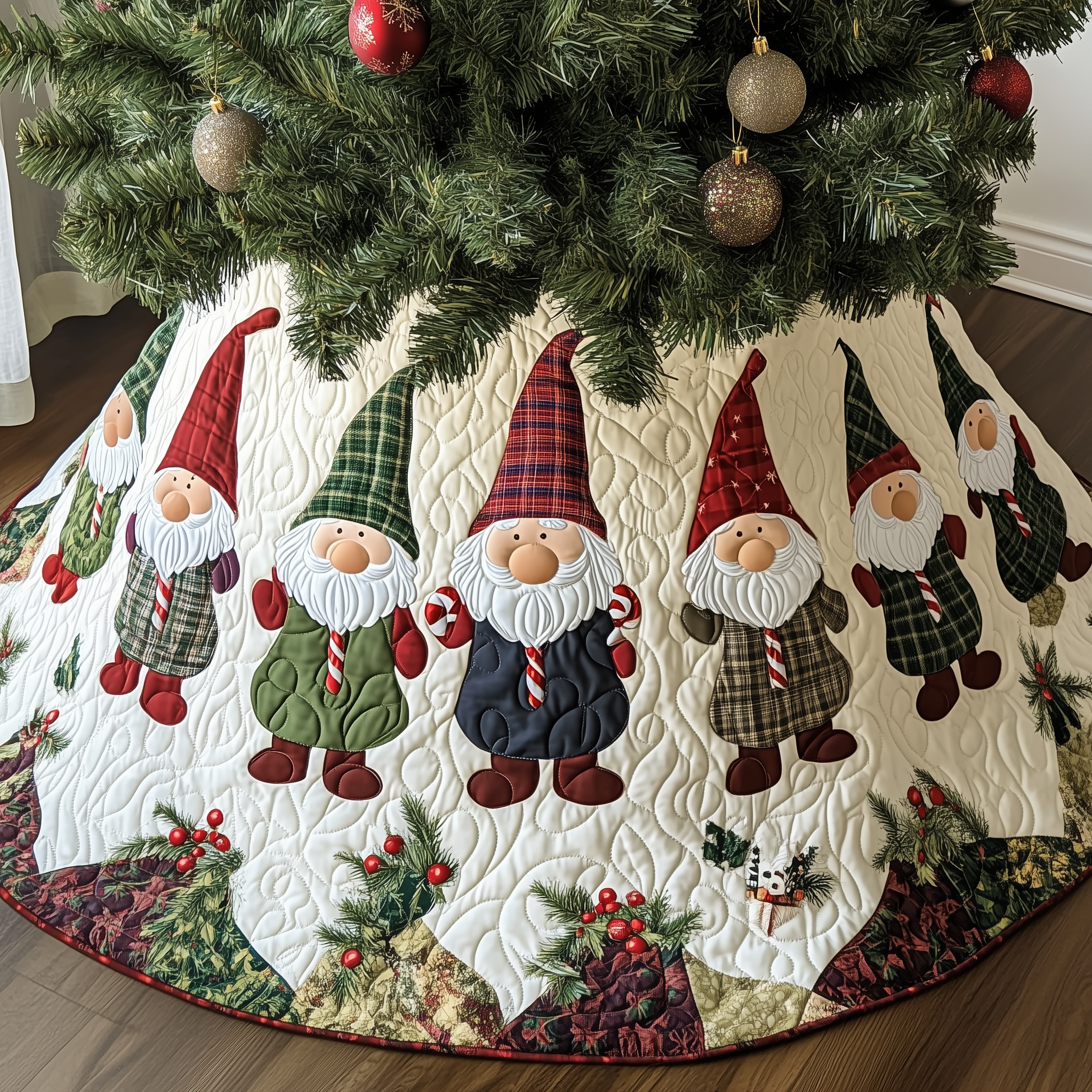 Elf Magic Christmas Quilted Tree Skirt Xmas Surround Tree Base Cover Indoor Home Holiday Decorations