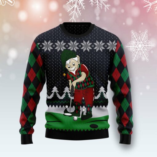 Elf Playing Golf Ugly Christmas Sweater Weird Christmas Jumpers Men's For Golf Lovers