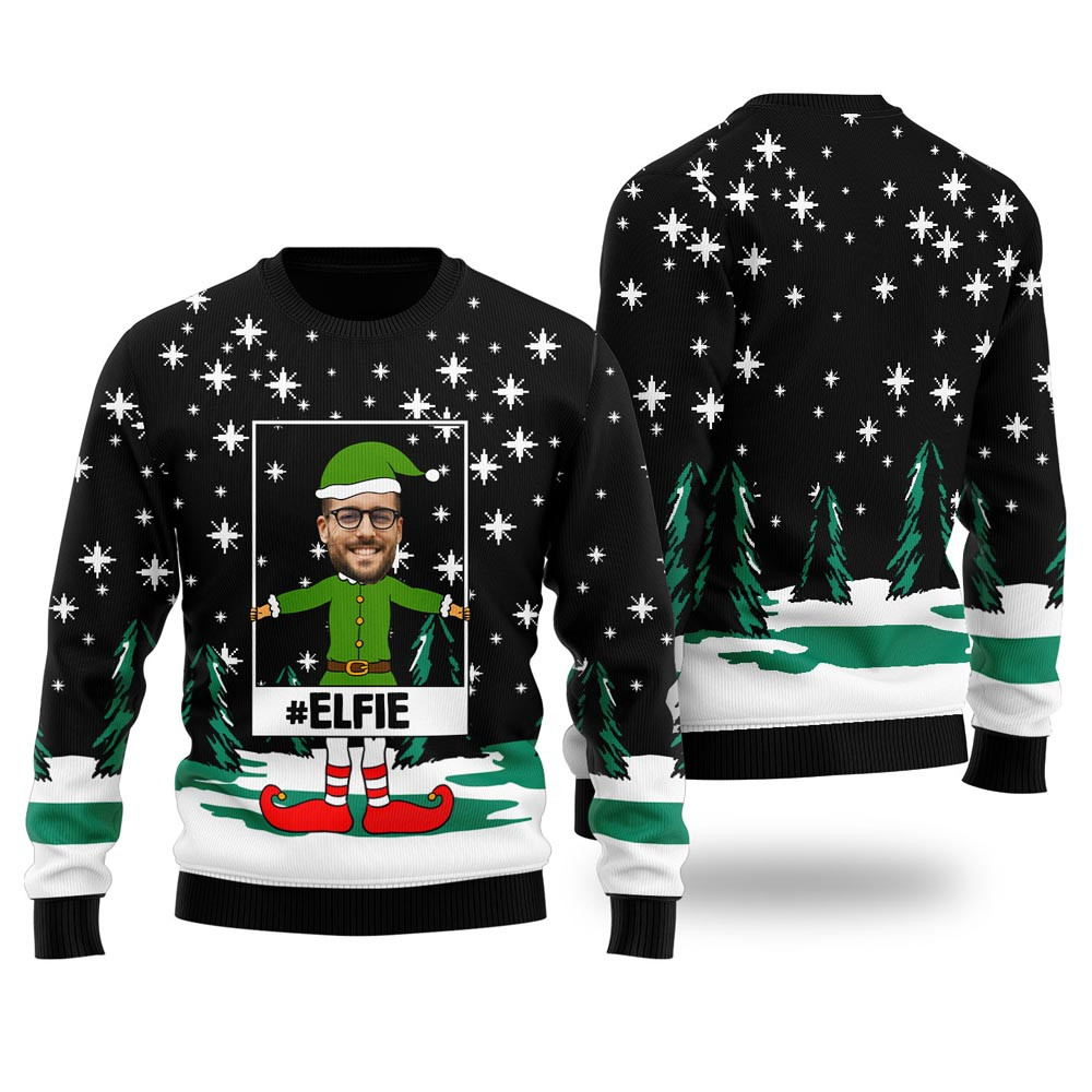 Elf Selfie Custom Ugly Christmas Sweater Black Holiday Sweaters For Men