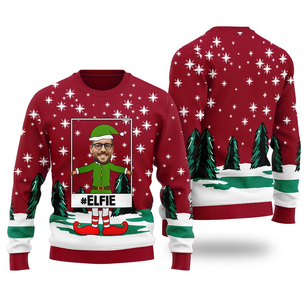 Elf Selfie Custom Ugly Christmas Sweater Cardinal Red Best Ugly Sweaters For Christmas
