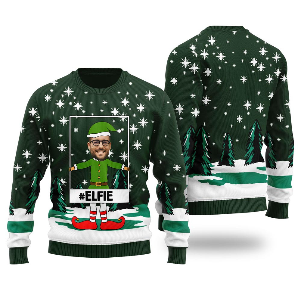 Elf Selfie Custom Ugly Christmas Sweater Forest Green Best Ugly Christmas Sweaters