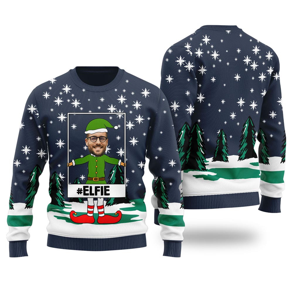 Elf Selfie Custom Ugly Christmas Sweater Navy Secret Santa Gifts For Her