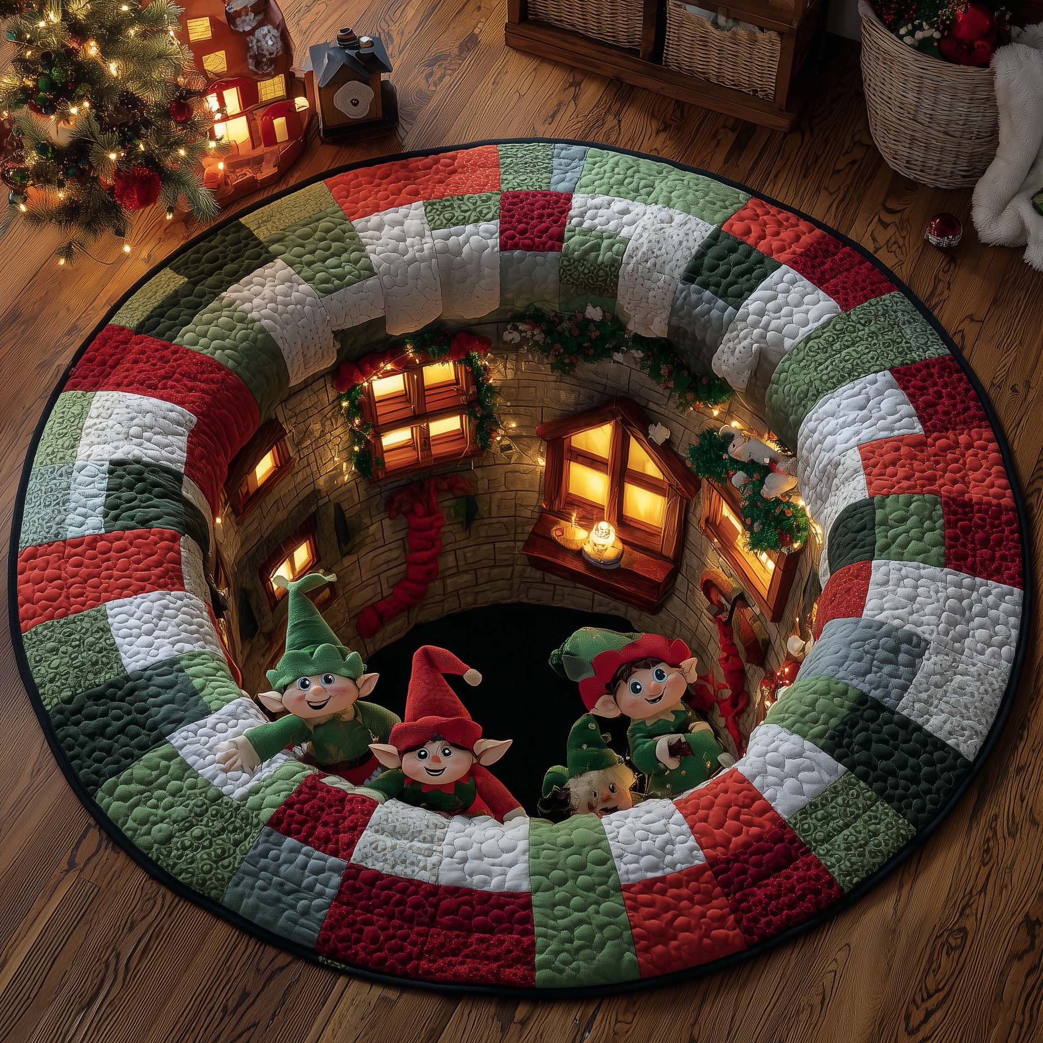Elf Workshop Portal Quilted Round Mat Vibrant Quilted Round Mat to Brighten Your Room
