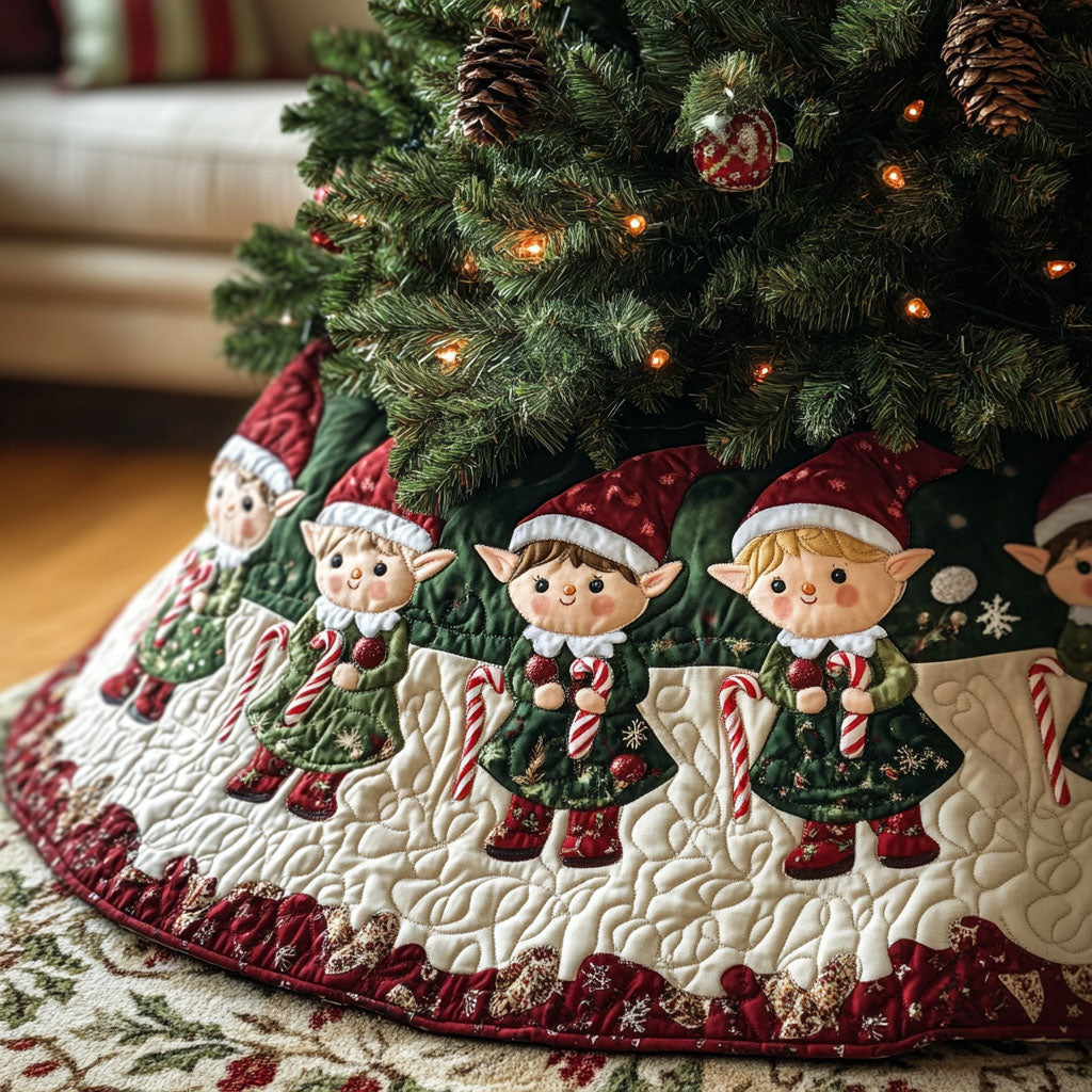 Elf Workshop Wonders Quilted Christmas Tree Skirt Trendy Quilted Tree Skirt for Stylish Christmas Setup