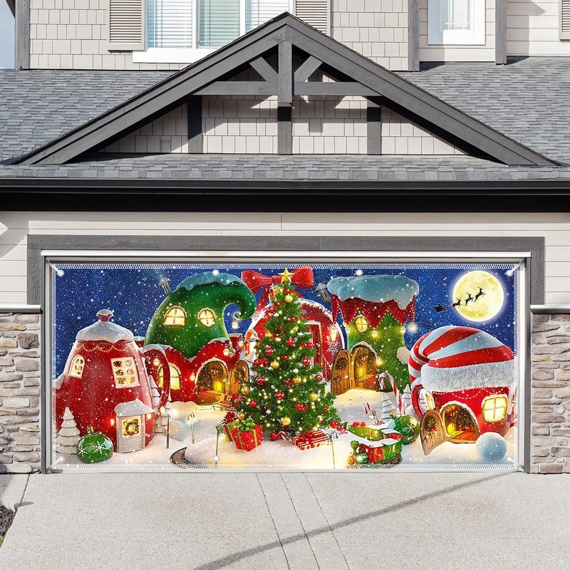 Elfland's Christmas Garage Door Cover Xmas Night Garage Wall Decor Elf Gifts For Holiday