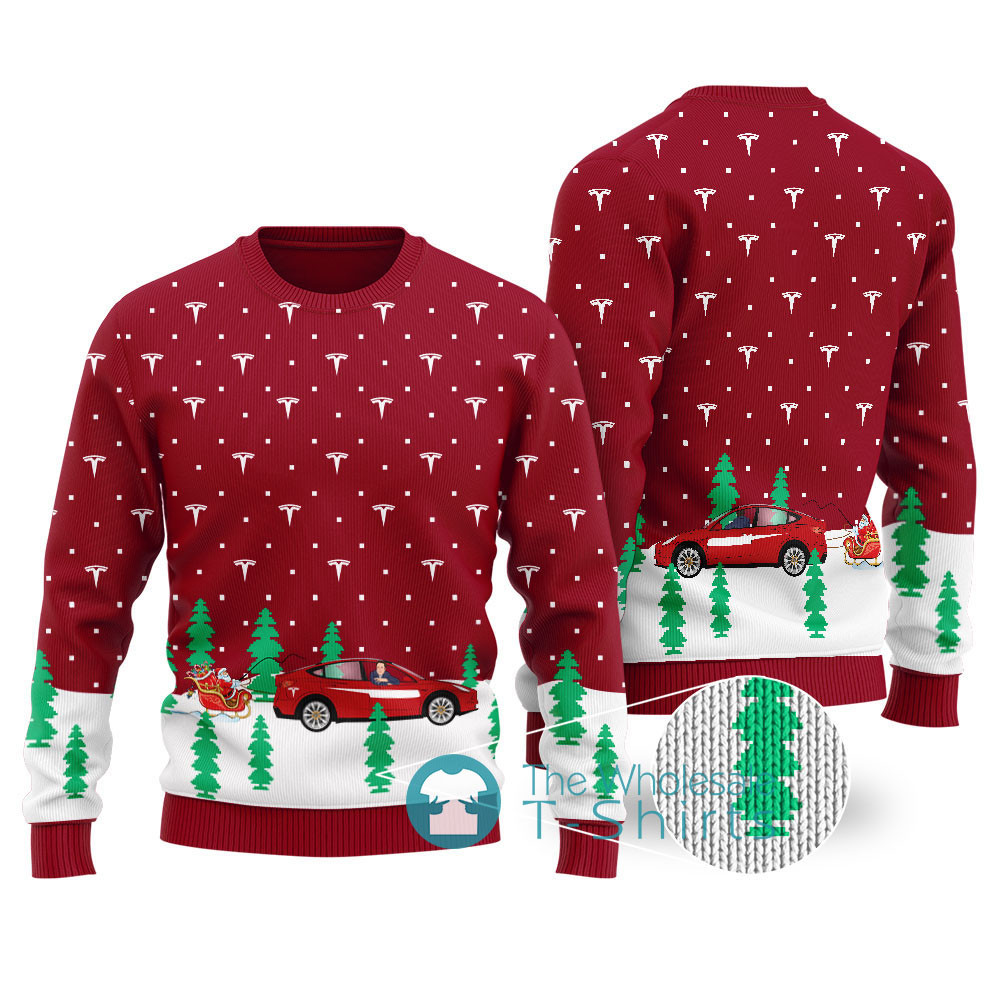Elon Musk Driving Tesla Christmas Sweater Cardinal Red Heartwarming Christmas Gift Sweater for Him or Her
