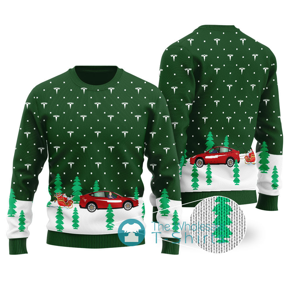 Elon Musk Driving Tesla Christmas Sweater Forest Green Cozy Christmas Sweater for Holiday Season