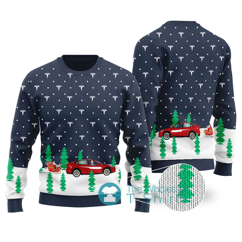 Elon Musk Driving Tesla Christmas Sweater Navy Perfect Holiday Gift Merch for Sweater Lovers