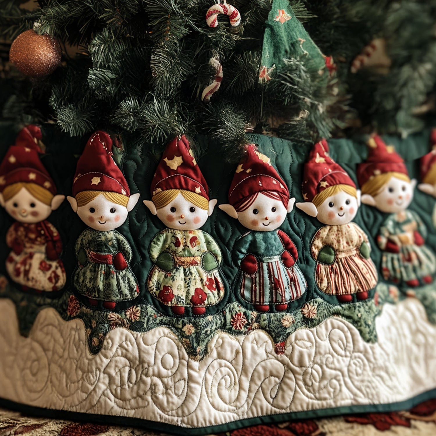 Elves Cheer Quilted Christmas Tree Skirt Premium Quilted Tree Skirt Gift for Holiday Enthusiasts