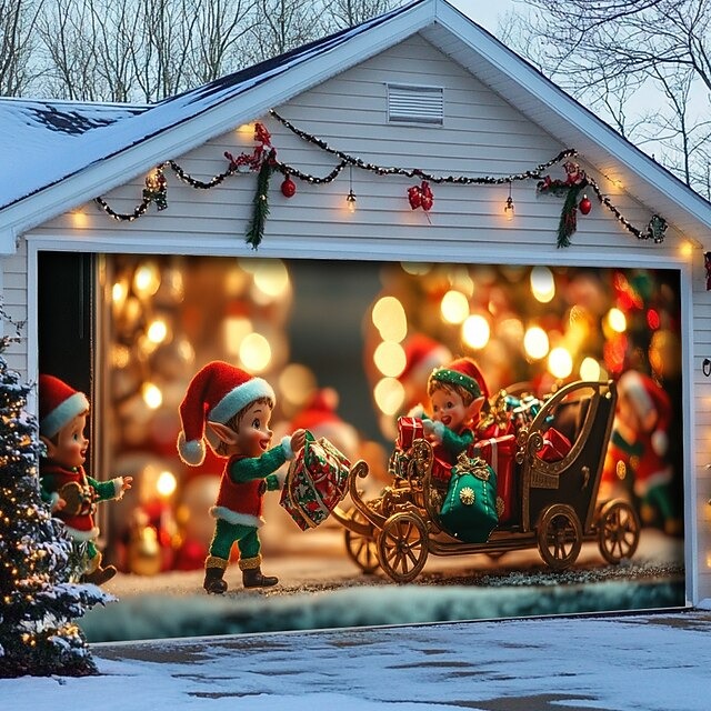 Elves' Magical Workshop Christmas Garage Door Cover Xmas Door Banner Decor Elf Themed Gifts