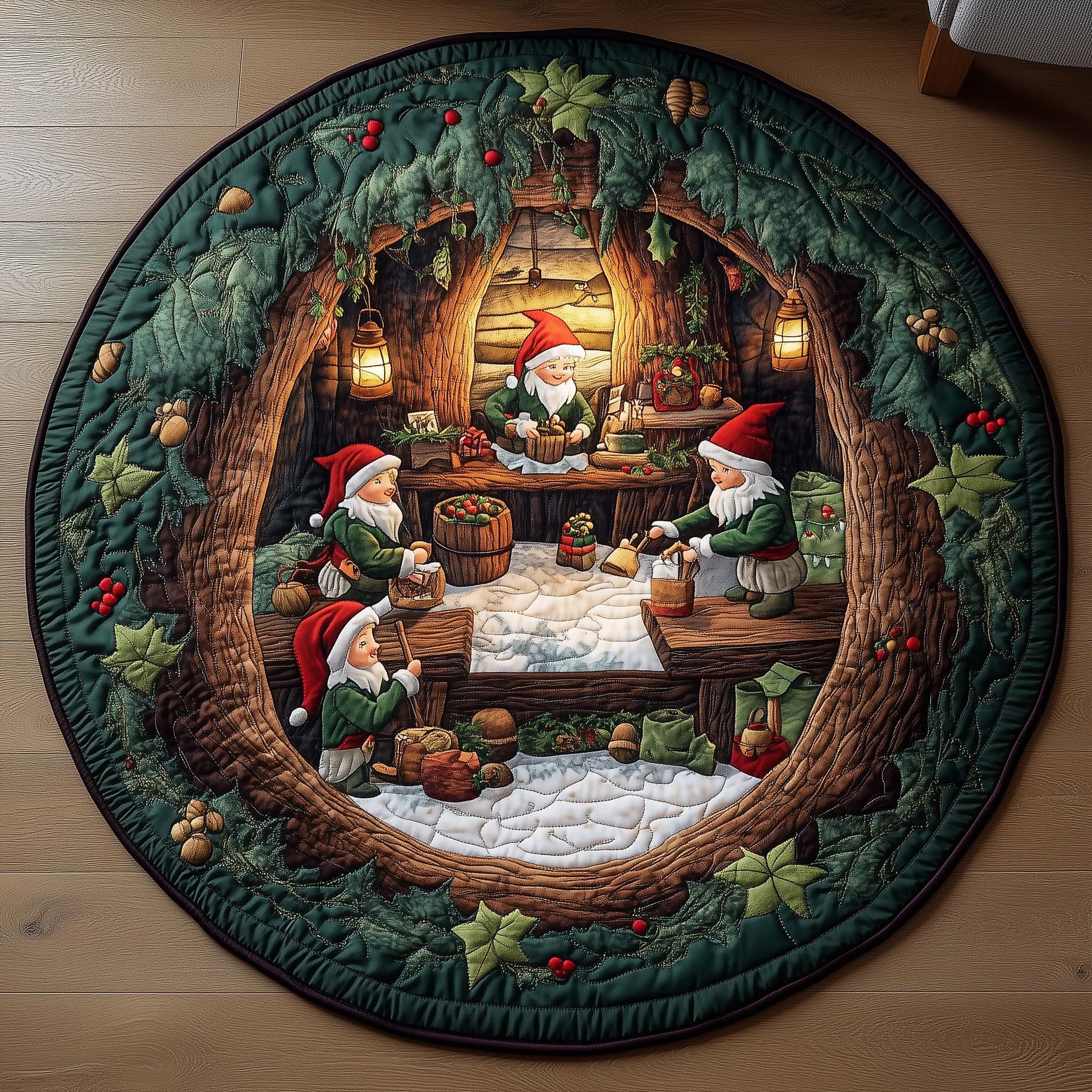 Elves Working Quilted Round Mat Handcrafted Quilted Round Mat for Special Touch