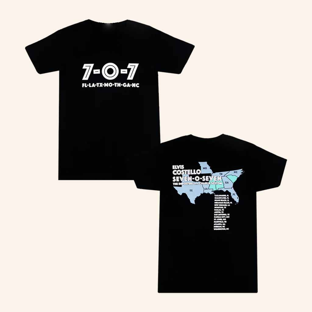 Elvis Costello Merch 707 Tour Map Black T-Shirt Christmas Gift Ideas For Him Elvis Costello Merch 707 Tour Map Black T-Shirt Christmas Gift Ideas For Him