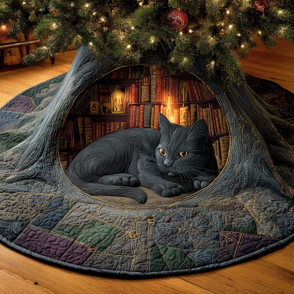 Ember Eyes Quilted Tree Skirt Cover For Xmas Tree Base Black Cat Mom Gifts