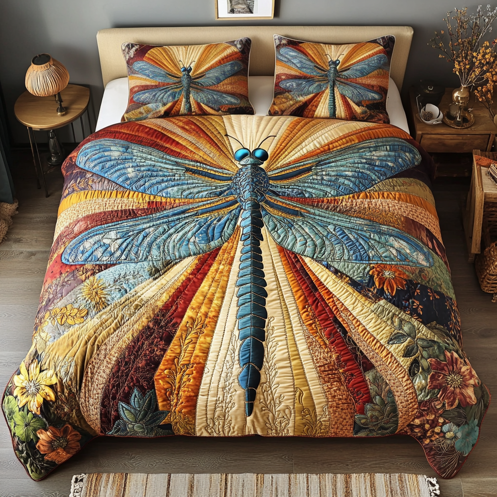 Ember Glide Quilted Bedding Set Cozy Bedroom Decor Dragonfly Gifts For Her