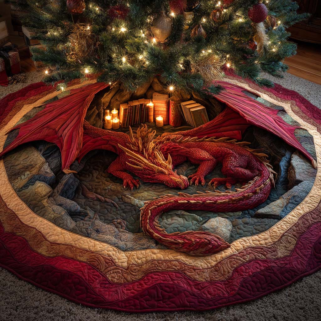 Emberkeep Dragon Quilted Tree Skirt Holiday Decor Christmas Presents For Book Lovers