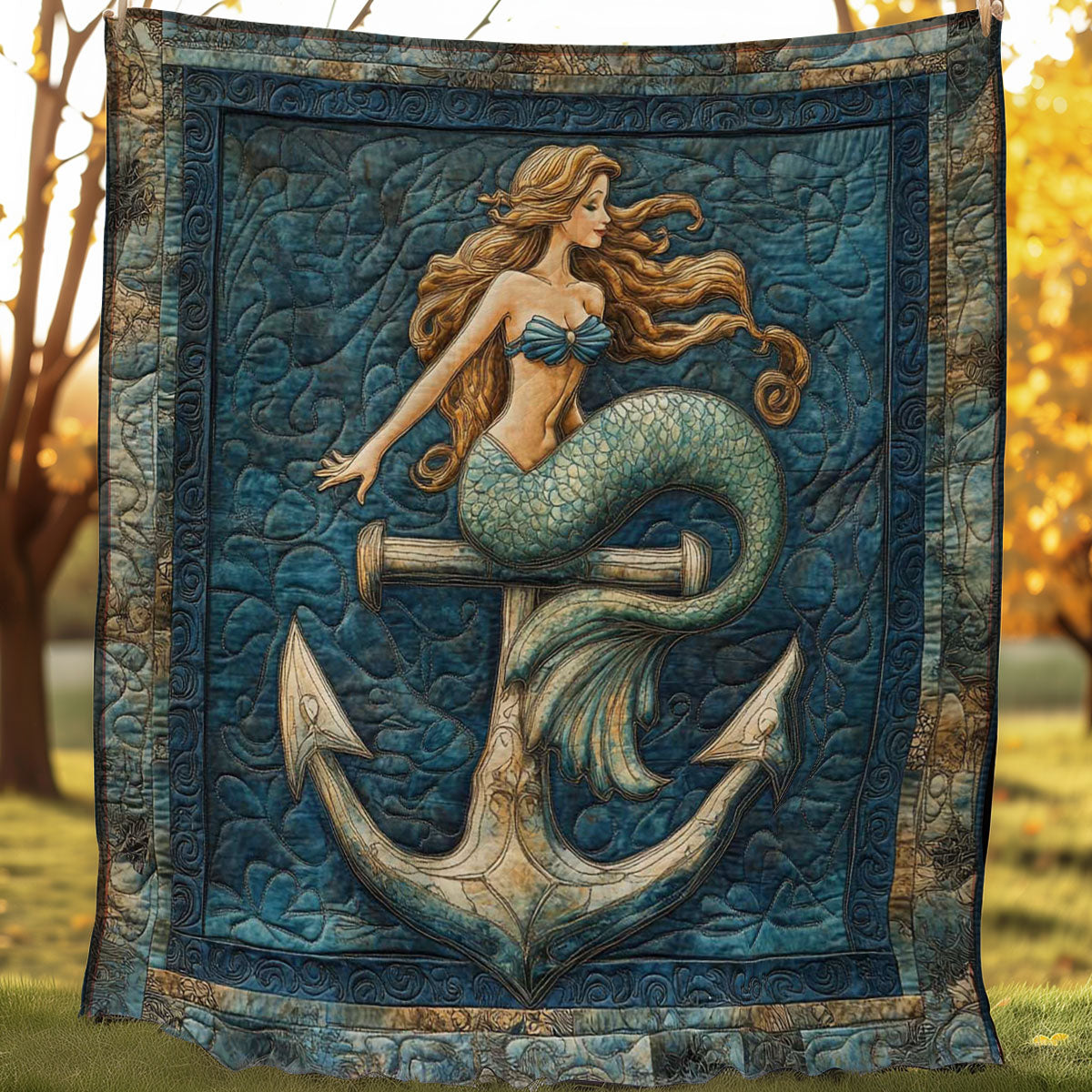 Emerald Anchor Mermaid Quilt Blanket Queen Size Blanket Good Secret Santa Gifts
