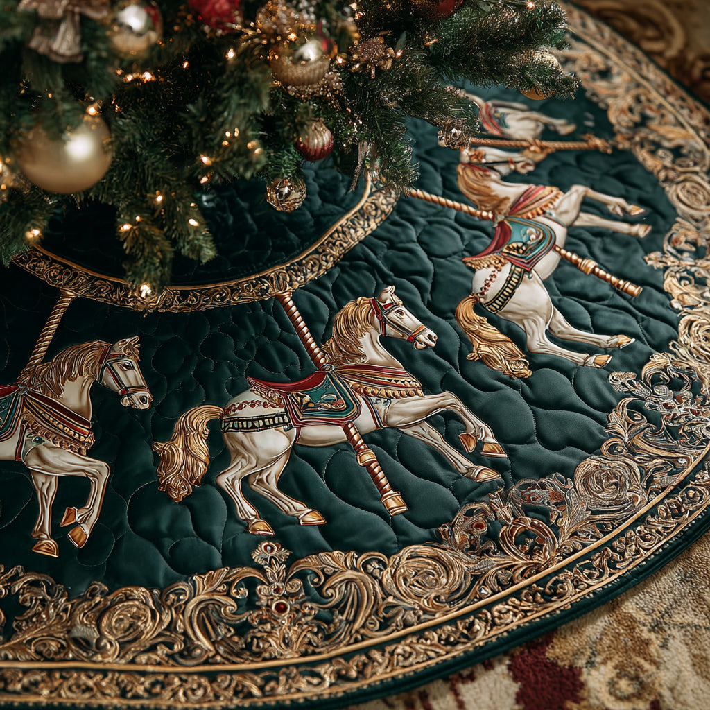 Emerald Carousel Horse Quilted Christmas Tree Skirt Winter Holiday Decor Equestrian Gifts For Christmas