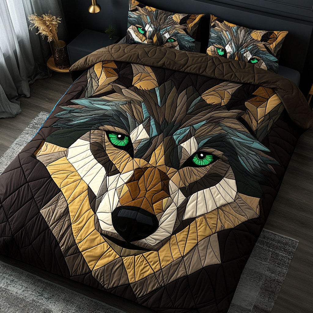Emerald Eyes Quilted Bedding Set Christmas Bedroom Decor Gifts For People Who Love Wolves