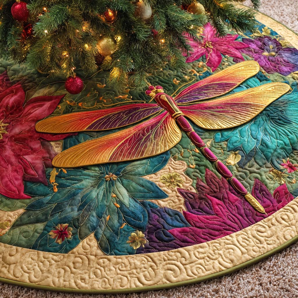 Emerald Garden Flight Quilted Tree Skirt Xmas Tree Decor Dragonfly Christmas Gifts
