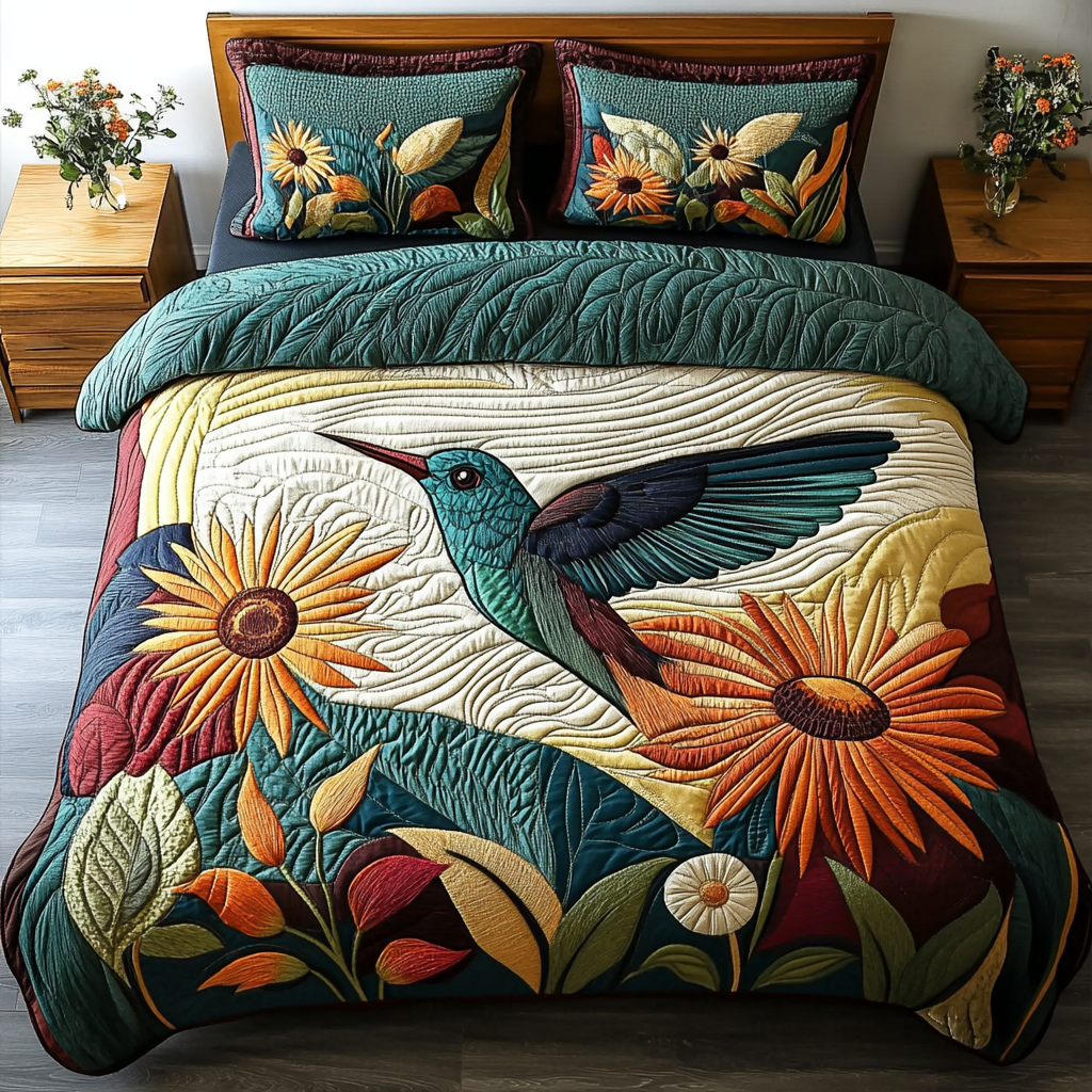 Emerald Hover Quilted Bedding Set Bed Decorations Unique Hummingbird Presents