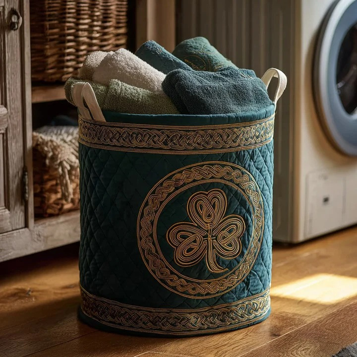 Emerald Luck Charm Celtic Quilted Laundry Basket Irish Shamrock Home Organizer Gift For Irish Lovers