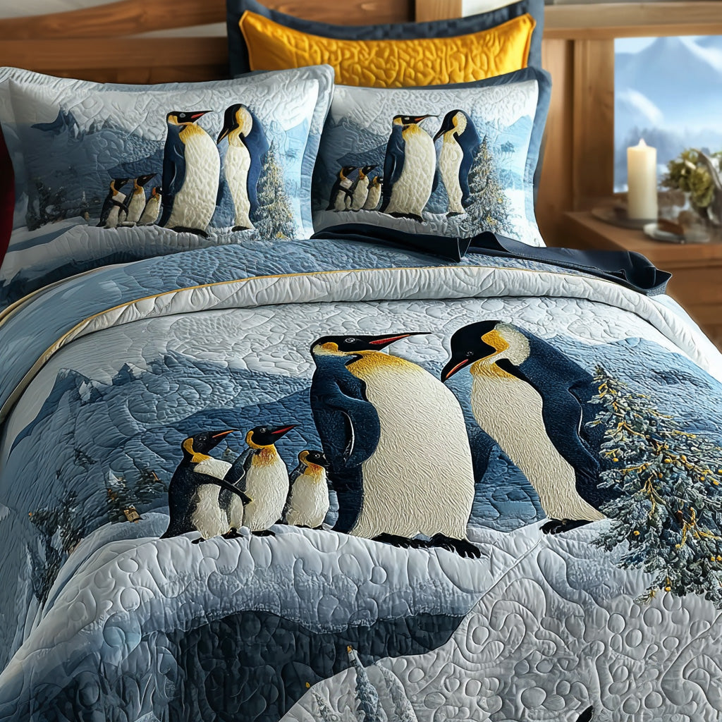Emperor Penguine Family Quilted Bedding Set Holiday Season Duvet Cover Set Christmas Gifts For Friends