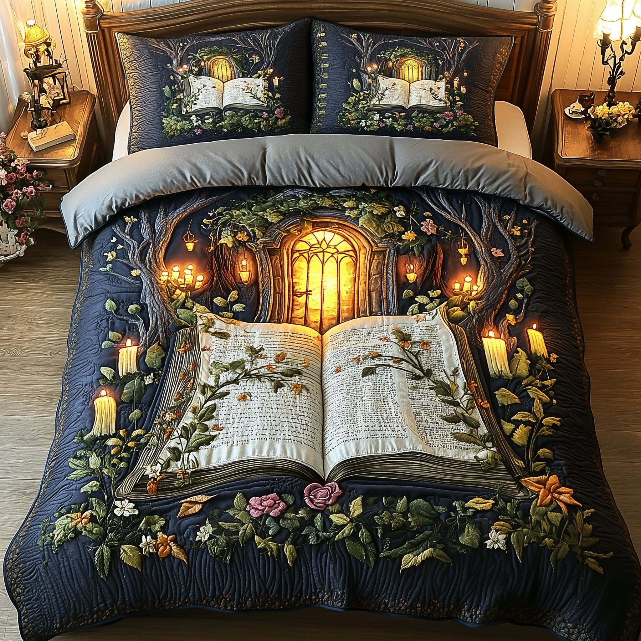 Enchanted Book Quilted Bedding Set Duvet Cover Merchandise Book Themed Gifts For Husband