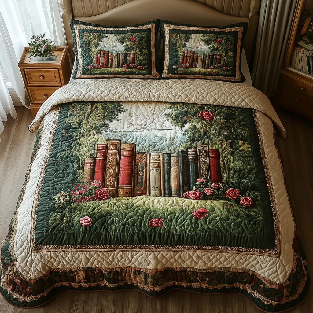 Enchanted Bookshelf Quilted Bedding Set Bed Room Decoration Bookish Gift Ideas