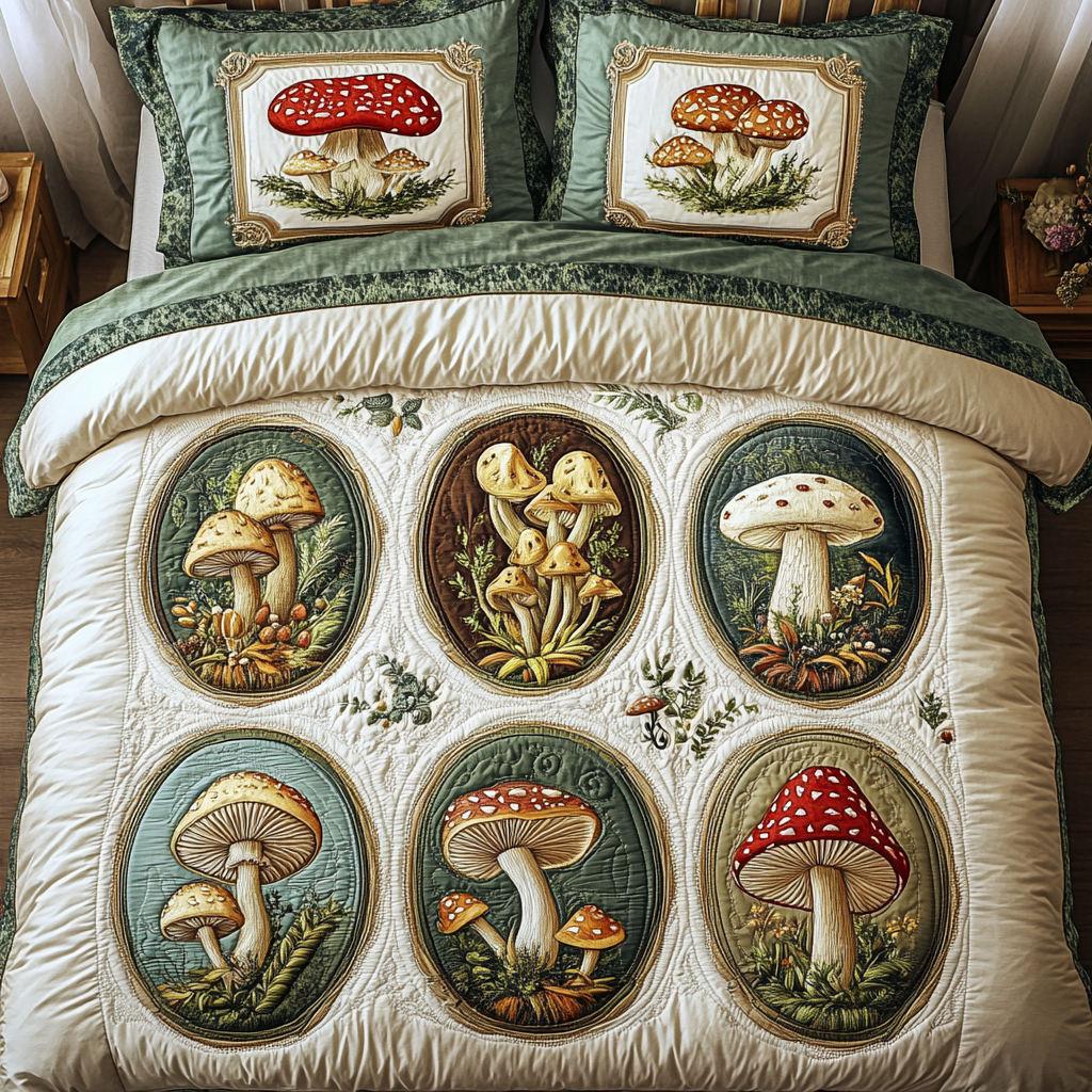 Enchanted Caps Quilted Bedding Set Best Bedspread Set Mushroom Presents