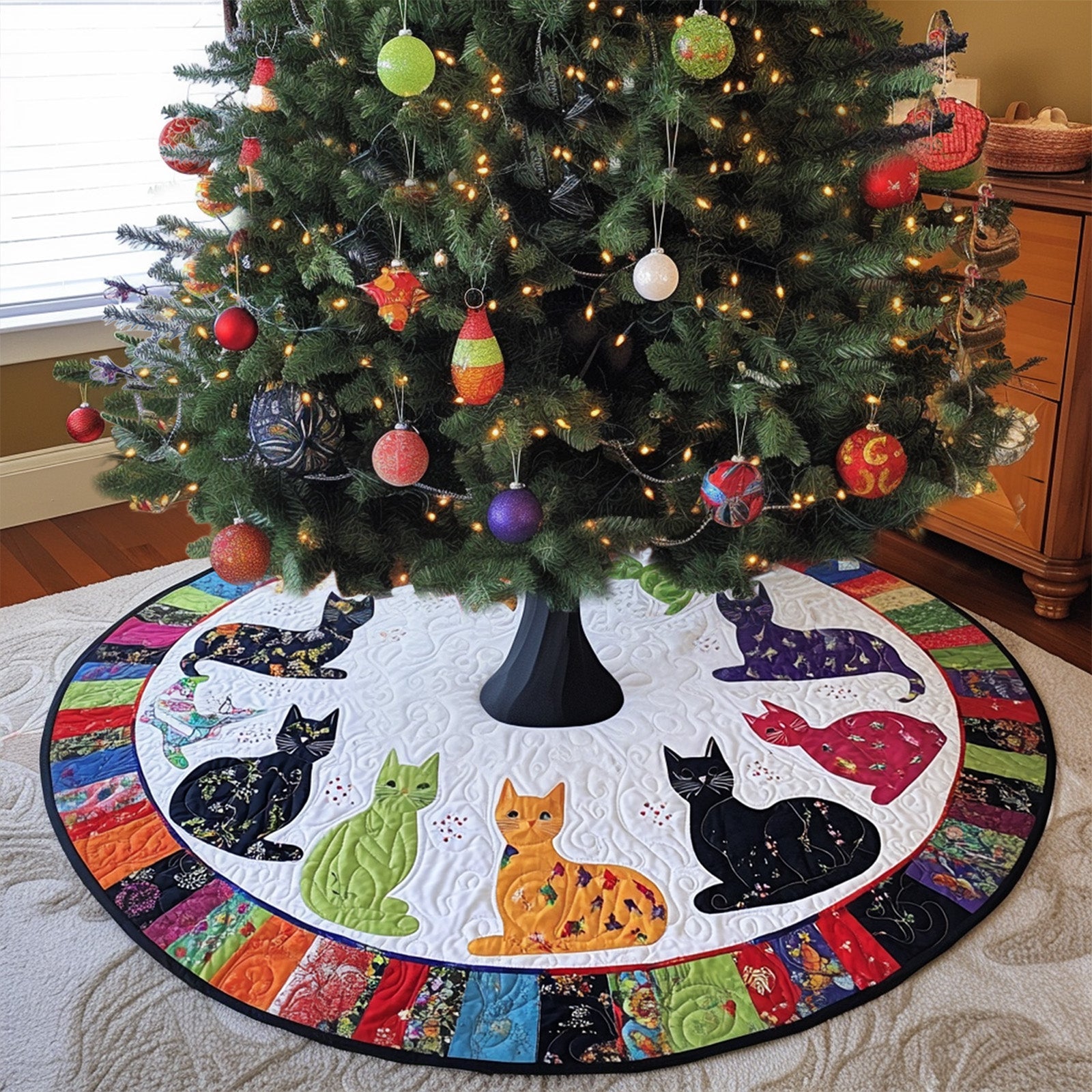 Enchanted Cats Quilted Christmas Tree Skirt Winter Holiday Decor Holiday Living Room Decor