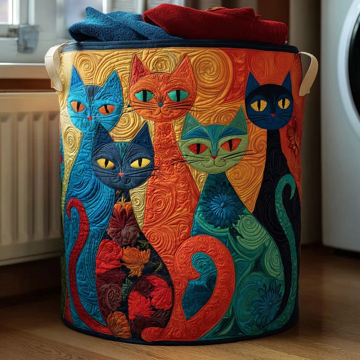 Enchanted Cats Quilted Laundry Basket Colorful Cat Lover Storage Best Gift For Cat Moms