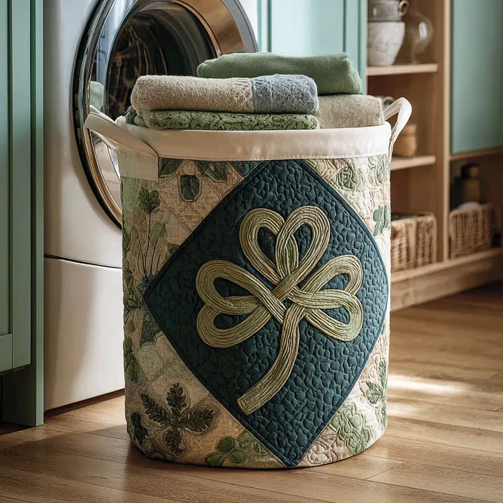 Enchanted Clover Whisper Celtic Quilted Laundry Basket Irish Luck Home Organizer Gift For Irish Lovers