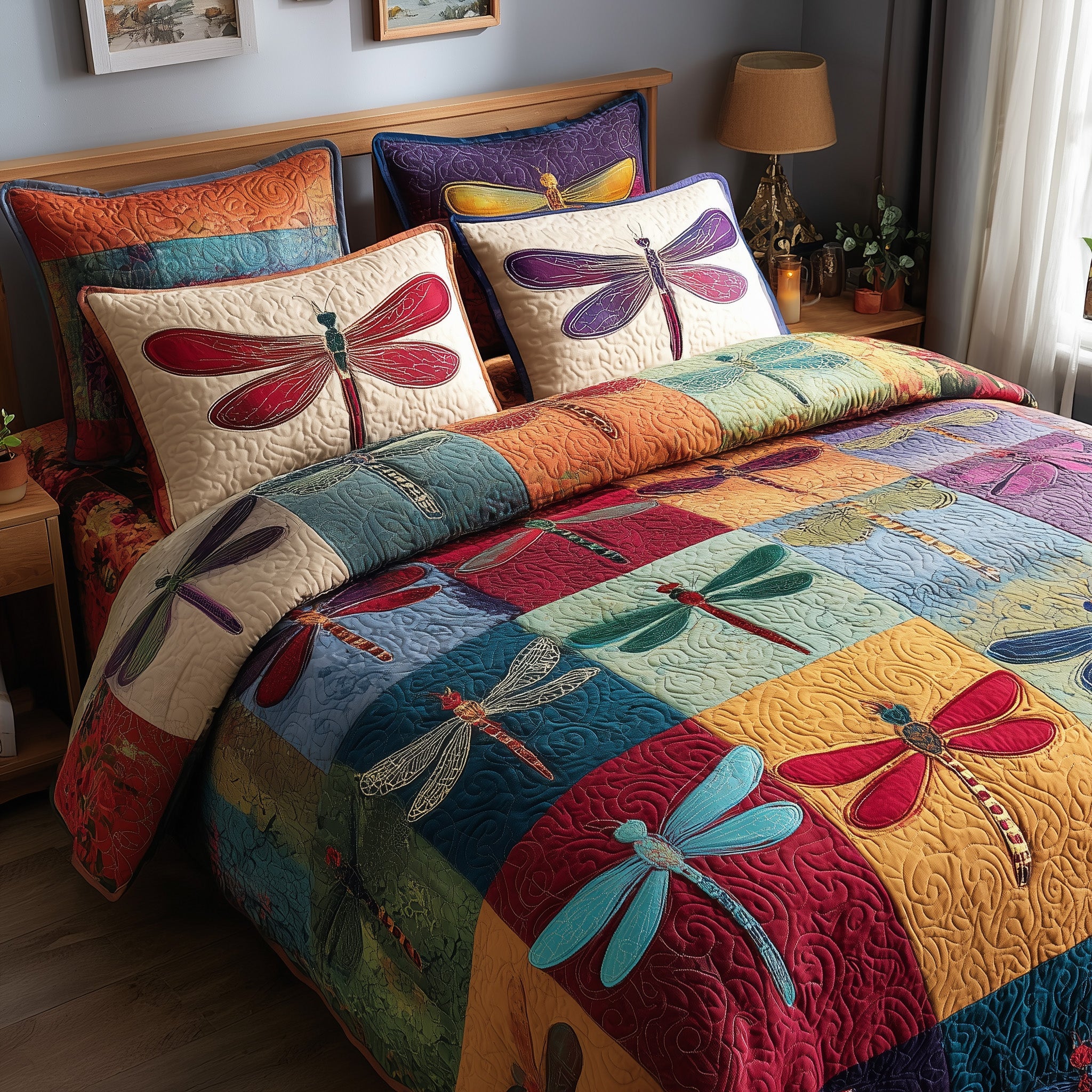 Enchanted Dragonfly Quilted Bedding Set Cozy Bedroom