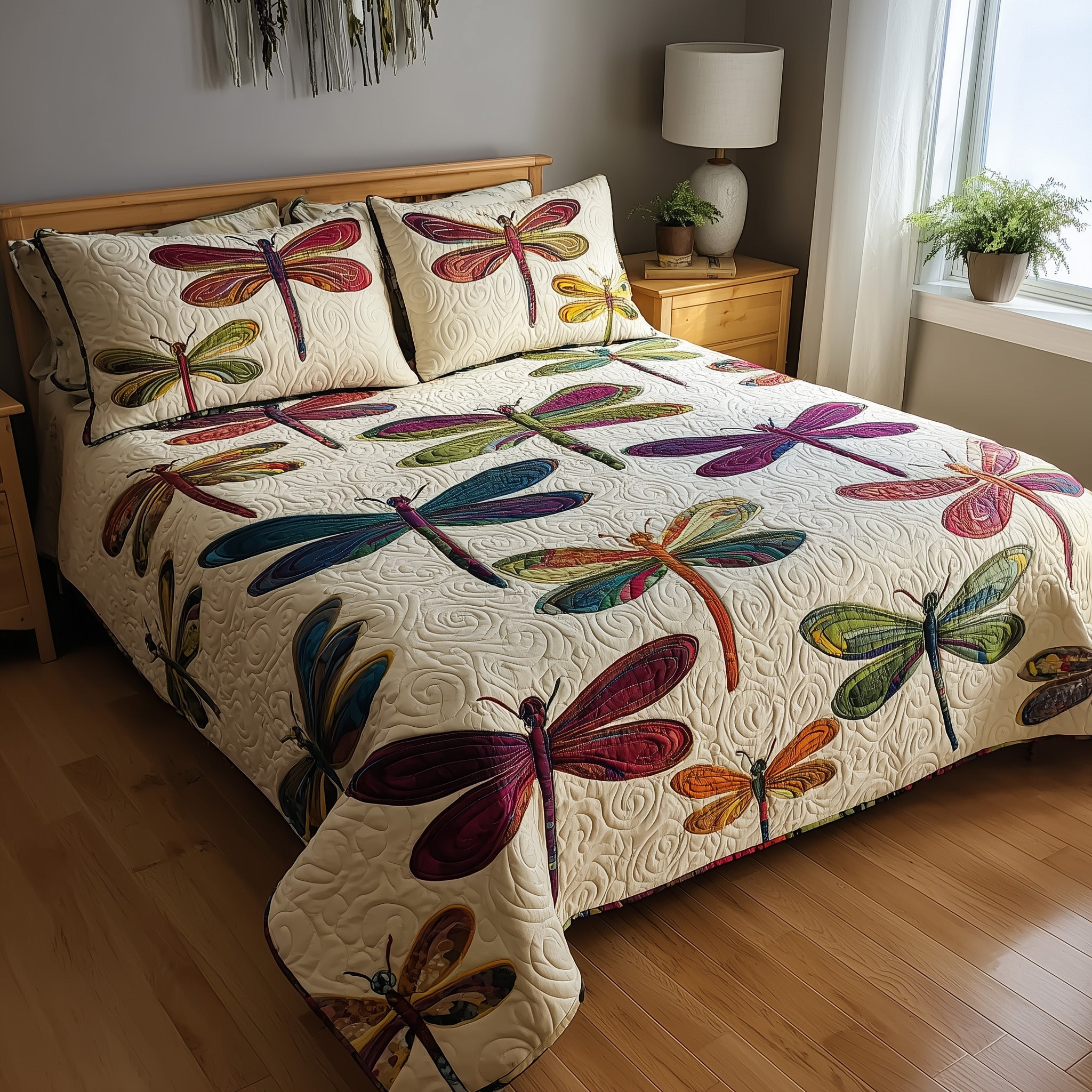 Enchanted Dragonfly Quilted Bedding Set Geometrical Pattern