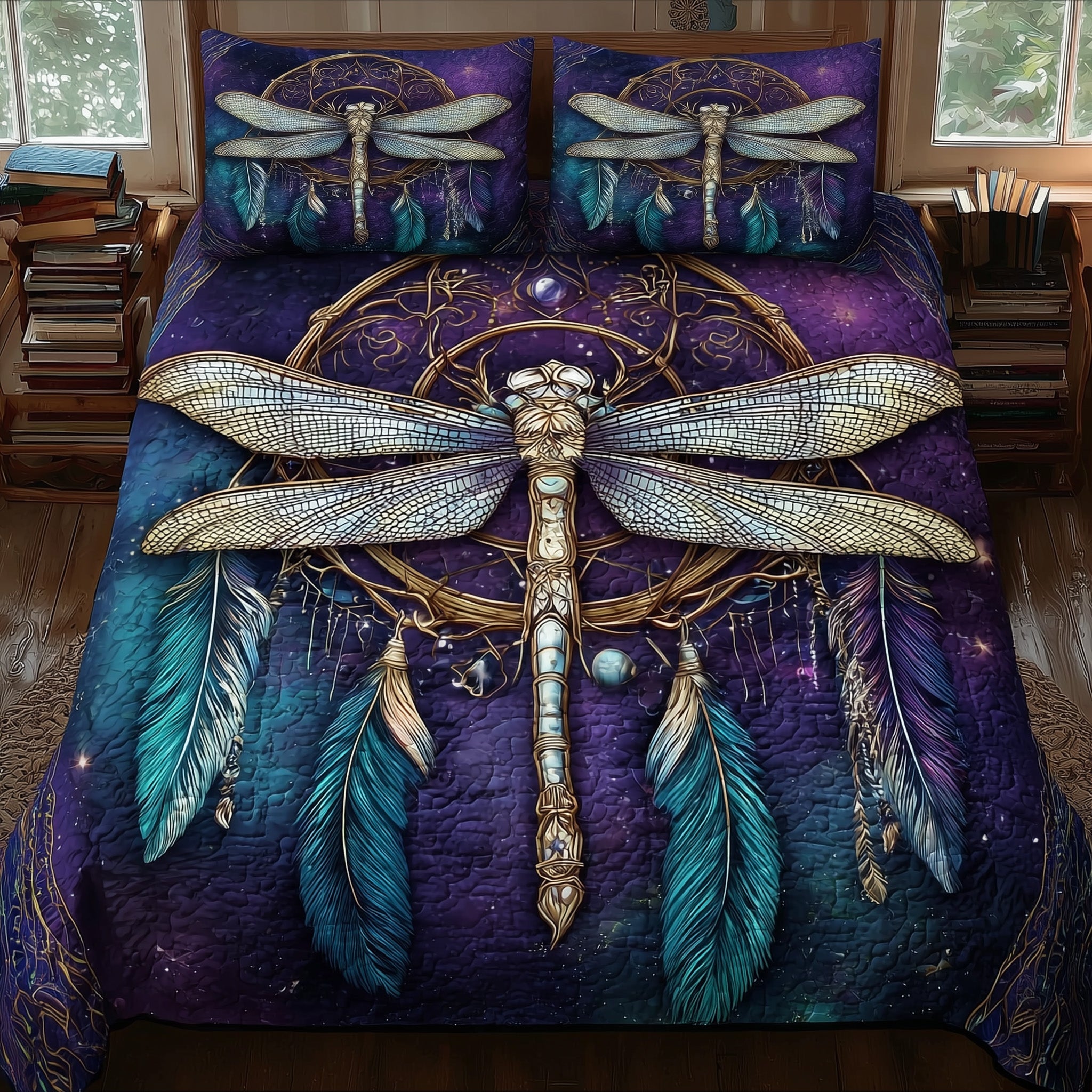 Enchanted Dragonfly Quilted Bedding Set Nature Insect Decor Dragonfly Bedding Gift Ideas