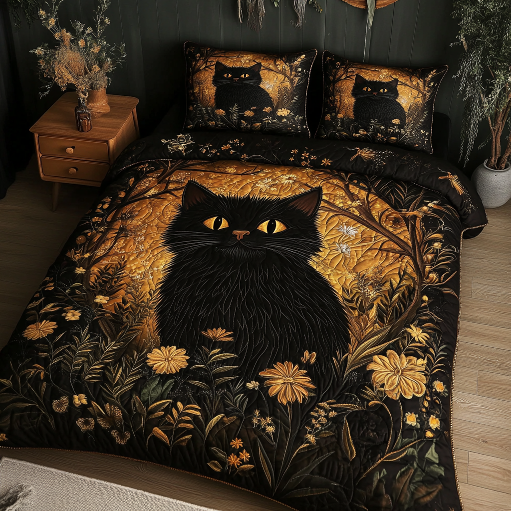 Enchanted Eyes Quilted Bedding Set Holiday Duvet Cover Set Cat Themed Christmas Presents