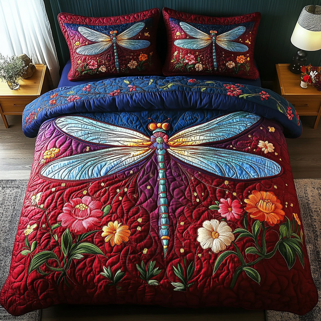 Enchanted Flight Quilted Bedding Set Holiday Duvet Covers Dragonfly Themed Gifts