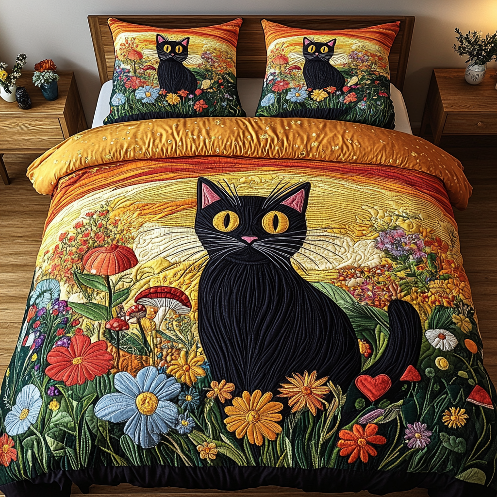Enchanted Floral Cat Quilted Bedding Set Premium Duvet Cover Gift Set for Mom or Grandma