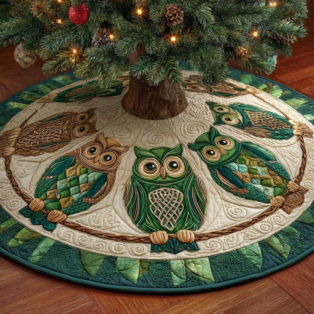 Enchanted Forest Owls Quilted Tree Skirt Xmas Tree Stand Cover Christmas Gifts For Owl Lovers