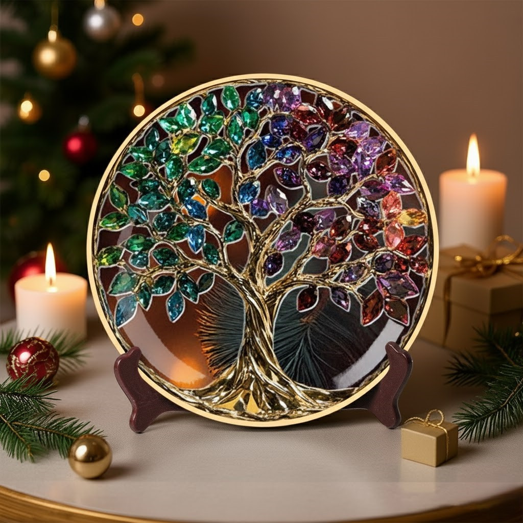 Enchanted Gemstone Tree Of Life Christmas Ceramic Plate Home Decoration Present Ideas
