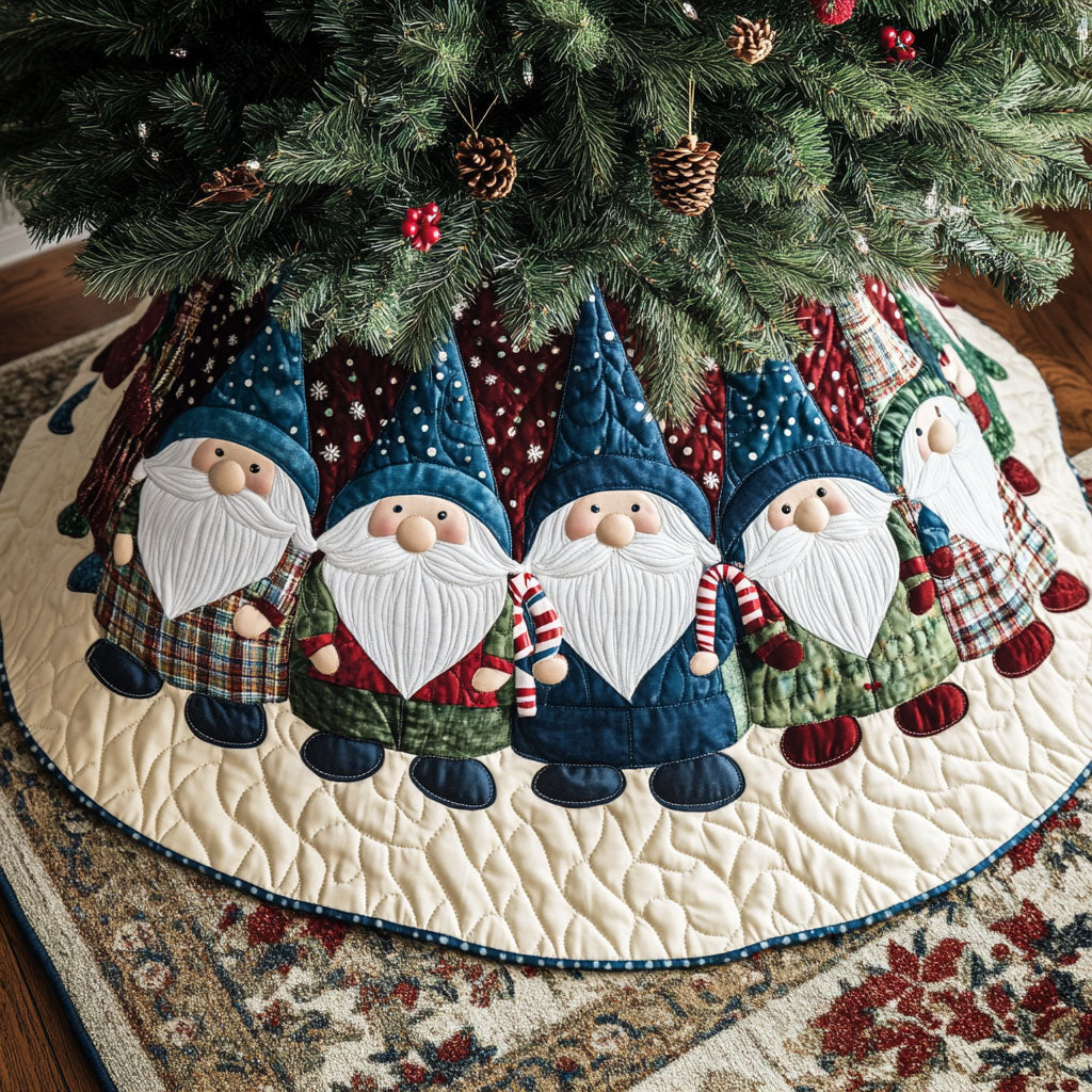 Enchanted Gnome Holiday Quilted Christmas Tree Skirt Classic Red and White Tree Skirt for Traditional Decor