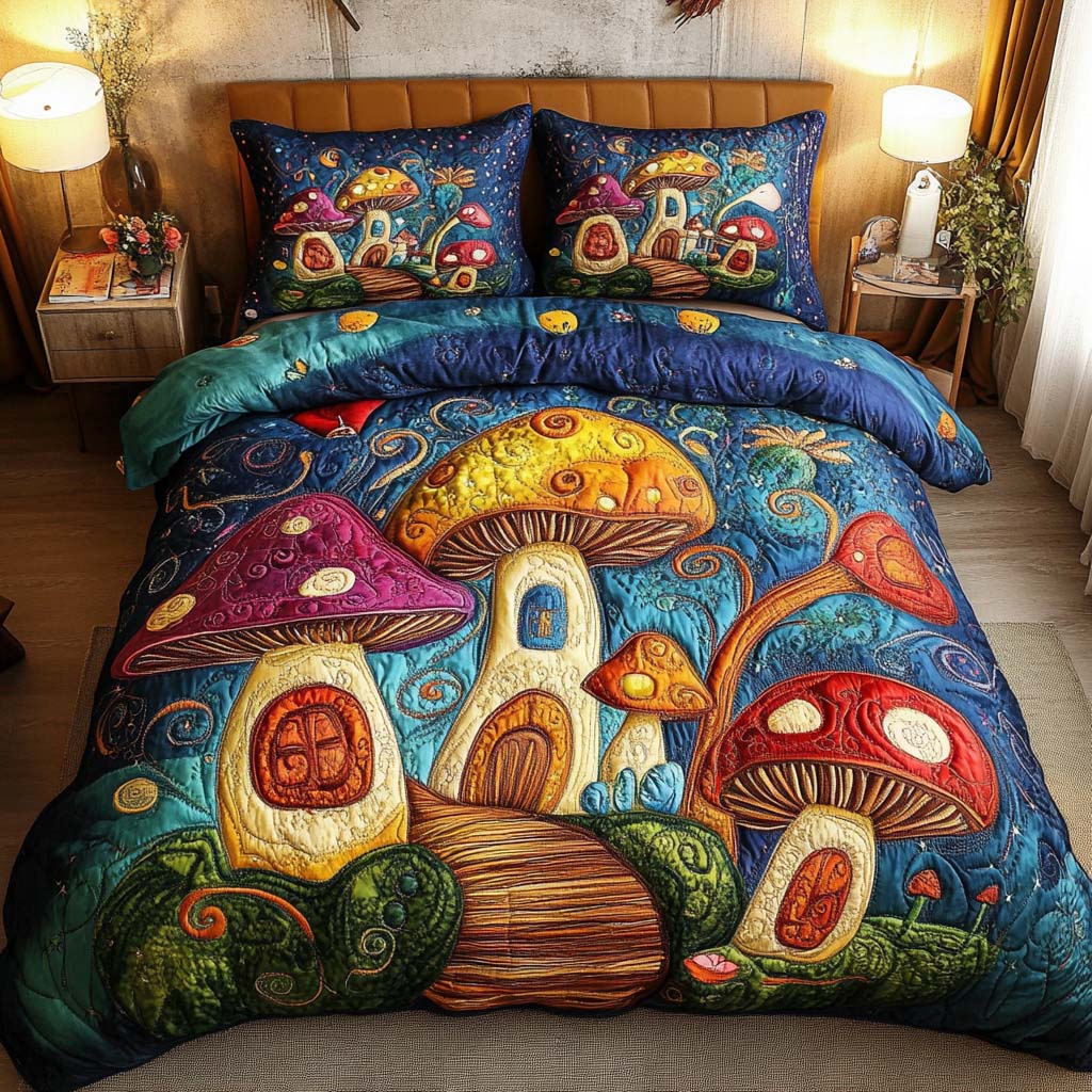 Enchanted Grove Quilted Bedding Set Cozy Bedroom Decor Gifts For Mushroom Growers