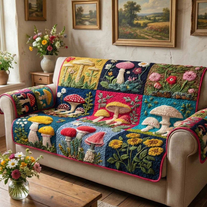 Enchanted Grove Quilted Sofa Cover Whimsical Forest Furniture Protector Best Gift For Nature Lovers