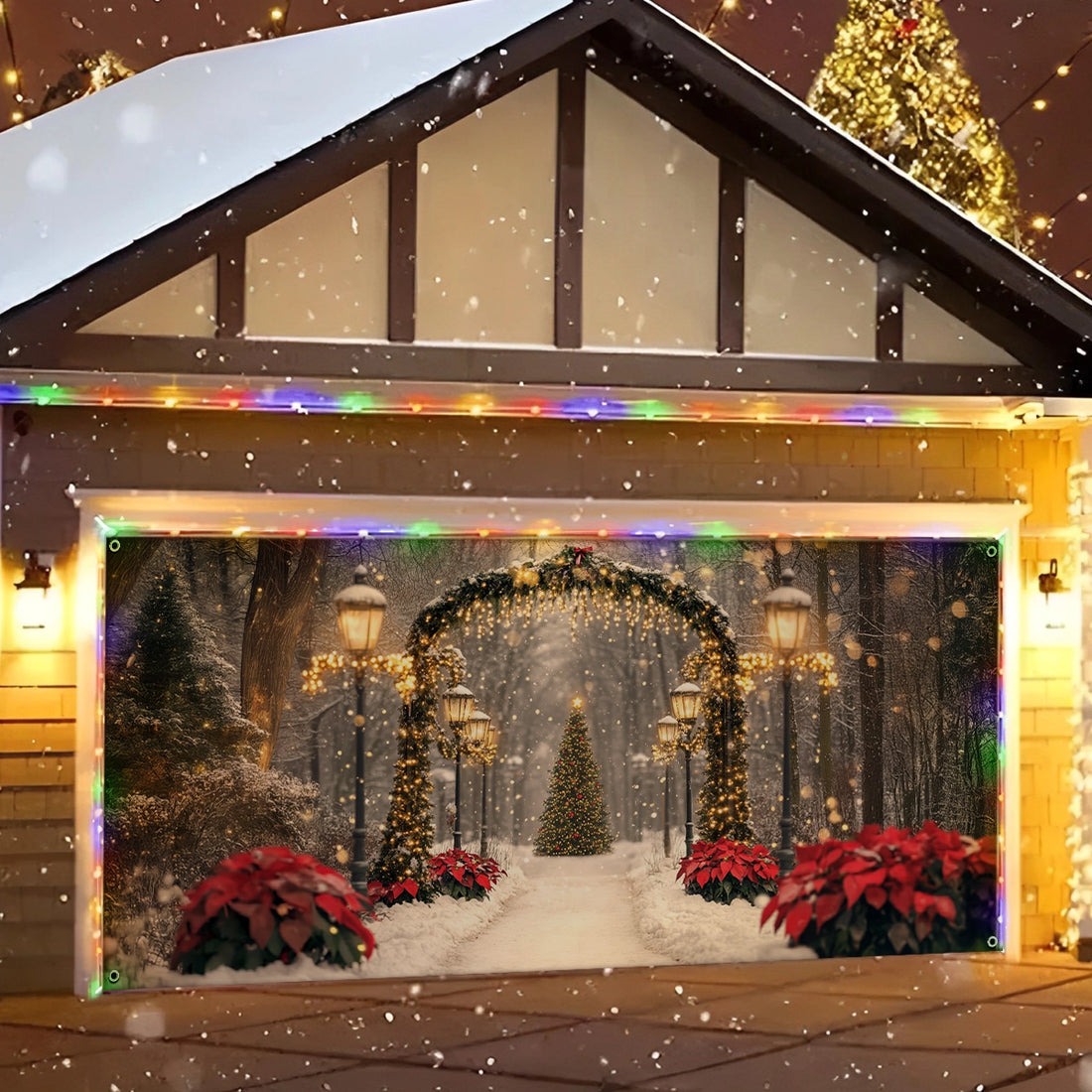 Enchanted Holiday Arch Christmas Garage Door Cover Golden Pathway With Lights Home Decorations