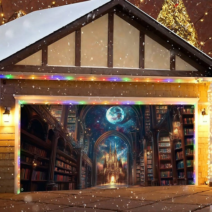 Enchanted Library Christmas Garage Door Cover Golden Magical Moonlit With Castle Outdoor Decor